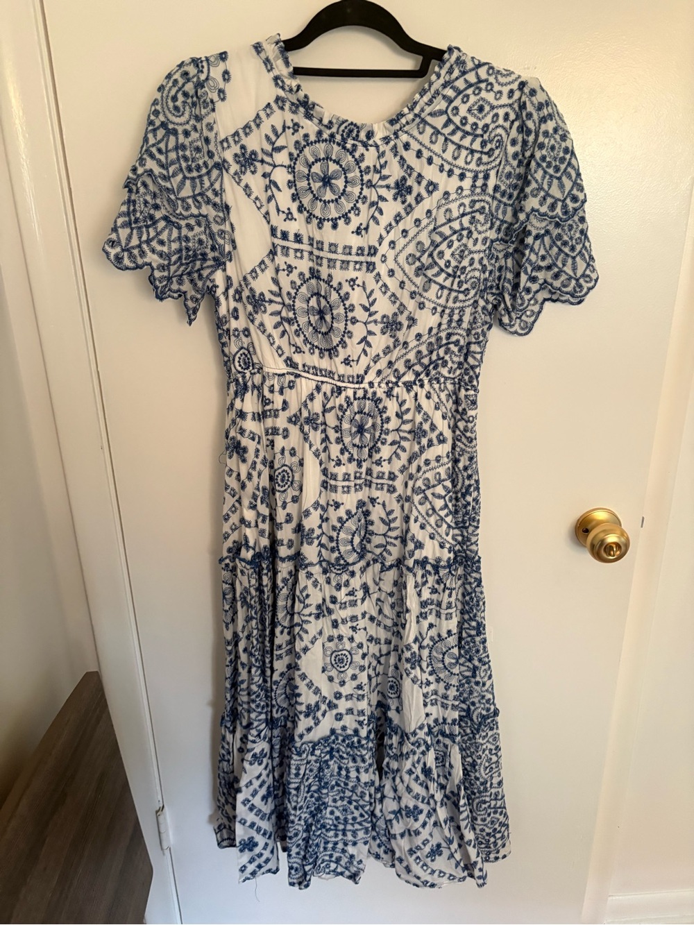 Baltic Born White and Blue Embroidered Midi Dress